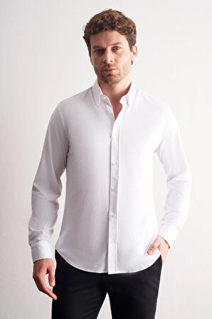 Beyaz Düğmeli Yaka Örme Uzun Kol Performans Ürün Slim Fit Esnek Gömlek 1004255270