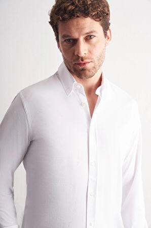 Beyaz Düğmeli Yaka Örme Uzun Kol Performans Ürün Slim Fit Esnek Gömlek 1004255270