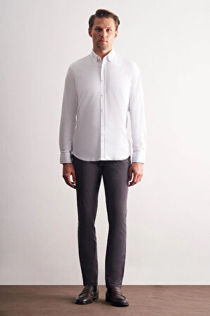 Beyaz Düğmeli Yaka Örme Uzun Kol Performans Ürün Slim Fit %100 Pamuk Gömlek 1004255271