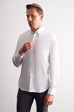 Beyaz Düğmeli Yaka Örme Uzun Kol Performans Ürün Slim Fit %100 Pamuk Gömlek 1004255271