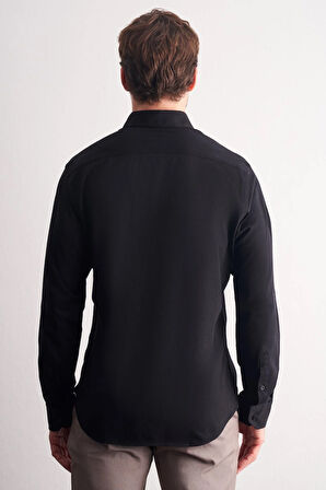 Siyah Düğmeli Yaka Kendinden Desenli Örme Uzun Kol Performans Ürün Slim Fit %100 Pamuk Gömlek 1004255272