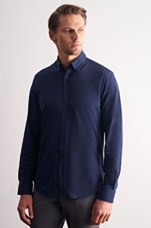 Lacivert Düğmeli Yaka Kendinden Desenli Örme Uzun Kol Performans Ürün Slim Fit %100 Pamuk Gömlek 1004255272