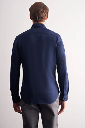 Lacivert Düğmeli Yaka Kendinden Desenli Örme Uzun Kol Performans Ürün Slim Fit %100 Pamuk Gömlek 1004255272