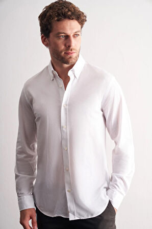 Beyaz Düğmeli Yaka Kendinden Desenli Örme Uzun Kol Performans Ürün Slim Fit %100 Pamuk Gömlek 1004255272