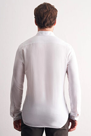 Beyaz Düğmeli Yaka Kendinden Desenli Örme Uzun Kol Performans Ürün Slim Fit %100 Pamuk Gömlek 1004255272