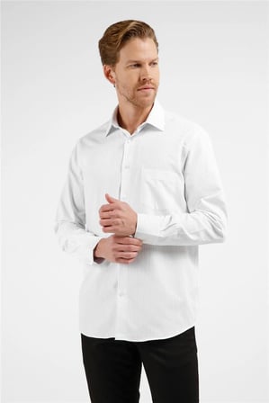 Beyaz - Siyah Çizgili Desen Sert Yaka Uzun Kol Cepli Comfort Fit Pamuklu Gömlek 1004255274