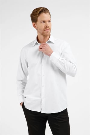 Beyaz - Siyah Çizgili Desen Sert Yaka Uzun Kol Cepli Comfort Fit Pamuklu Gömlek 1004255274