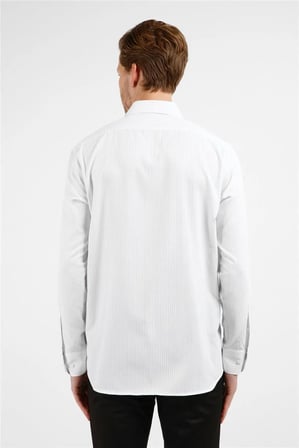 Beyaz - Siyah Çizgili Desen Sert Yaka Uzun Kol Cepli Comfort Fit Pamuklu Gömlek 1004255274