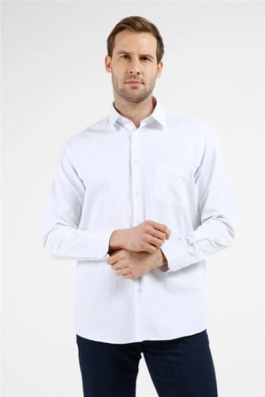 Beyaz - Mavi Çizgili Desen Sert Yaka Uzun Kol Cepli Comfort Fit Pamuklu Gömlek 1004255274