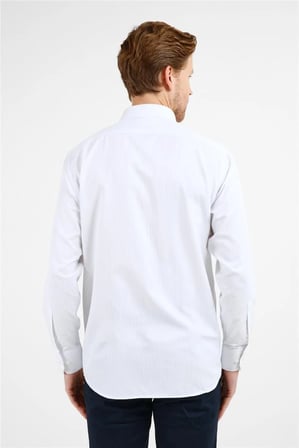 Beyaz - Lila Çizgili Desen Sert Yaka Uzun Kol Cepli Comfort Fit Pamuklu Gömlek 1004255274