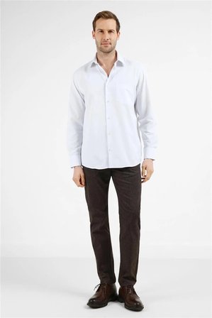 Beyaz - Mavi Çizgili Desen Sert Yaka Uzun Kol Cepli Comfort Fit Pamuklu Gömlek 1004255278