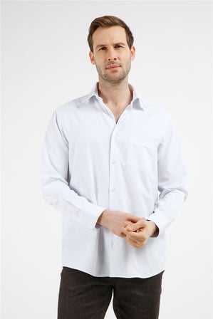 Beyaz - Mavi Çizgili Desen Sert Yaka Uzun Kol Cepli Comfort Fit Pamuklu Gömlek 1004255278