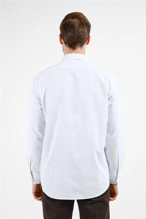 Beyaz - Mavi Çizgili Desen Sert Yaka Uzun Kol Cepli Comfort Fit Pamuklu Gömlek 1004255278
