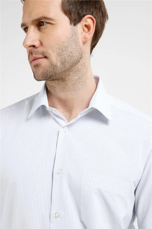 Beyaz-Mavi Çizgili Desen Sert Yaka Uzun Kol Cepli Comfort Fit Pamuklu Gömlek 1004255278