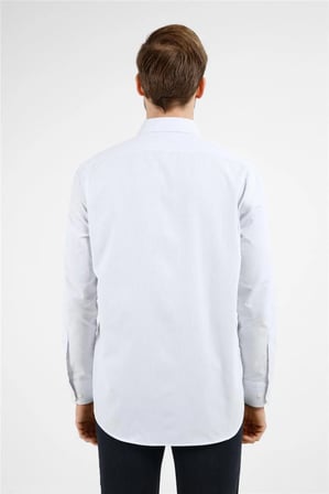 Beyaz-Mavi Çizgili Desen Sert Yaka Uzun Kol Cepli Comfort Fit Pamuklu Gömlek 1004255278