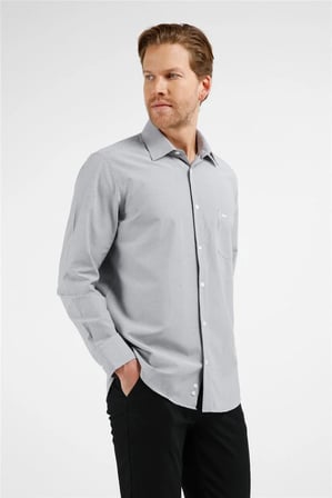Siyah - Beyaz Çizgili Desen Sert Yaka Uzun Kol Cepli Comfort Fit Pamuklu Gömlek 1004255280