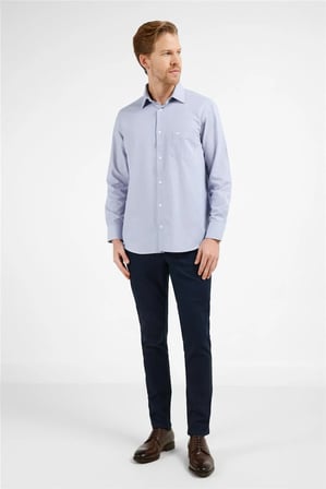 Lacivert - Beyaz Çizgili Desen Sert Yaka Uzun Kol Cepli Comfort Fit Pamuklu Gömlek 1004255280