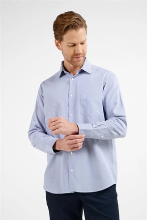 Lacivert - Beyaz Çizgili Desen Sert Yaka Uzun Kol Cepli Comfort Fit Pamuklu Gömlek 1004255280
