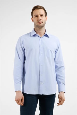 Mavi - Beyaz Çizgili Desen Sert Yaka Uzun Kol Cepli Comfort Fit Pamuklu Gömlek 1004255280