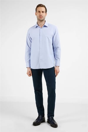 Mavi - Beyaz Çizgili Desen Sert Yaka Uzun Kol Cepli Comfort Fit Pamuklu Gömlek 1004255280