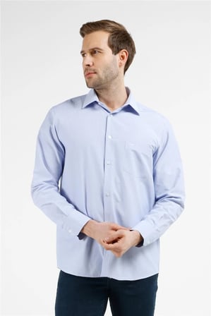 Mavi - Beyaz Çizgili Desen Sert Yaka Uzun Kol Cepli Comfort Fit Pamuklu Gömlek 1004255280