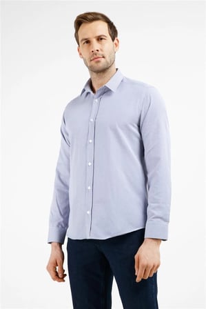 Beyaz-Lacivert Çizgili Desen Sert Yaka Uzun Kol Cepsiz Slim Fit Pamuklu Gömlek 1004255282