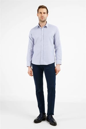Beyaz-Lacivert Çizgili Desen Sert Yaka Uzun Kol Cepsiz Slim Fit Pamuklu Gömlek 1004255282