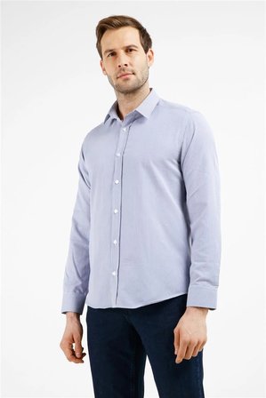 Beyaz-Lacivert Çizgili Desen Sert Yaka Uzun Kol Cepsiz Slim Fit Pamuklu Gömlek 1004255282