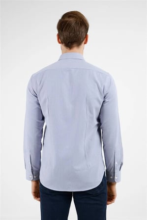 Beyaz-Lacivert Çizgili Desen Sert Yaka Uzun Kol Cepsiz Slim Fit Pamuklu Gömlek 1004255282