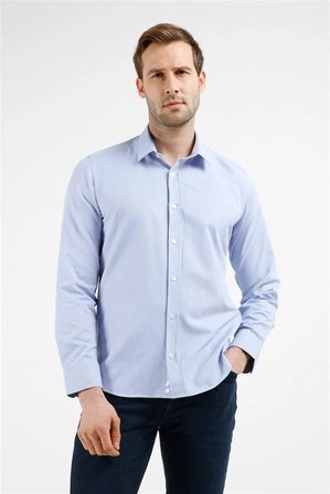 Beyaz - İndigo Mavi Çizgili Desen Sert Yaka Uzun Kol Cepsiz Slim Fit Pamuklu Gömlek 1004255282