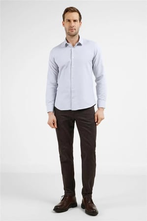 Gri Kendinden Desenli Sert Yaka Uzun Kol Cepsiz Slim Fit Pamuklu Gömlek 1004255283