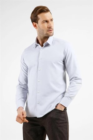 Gri Kendinden Desenli Sert Yaka Uzun Kol Cepsiz Slim Fit Pamuklu Gömlek 1004255283