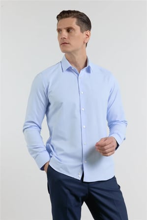 Mavi Kendinden Desenli Sert Yaka Uzun Kol Cepsiz Slim Fit Pamuklu Gömlek 1004255283