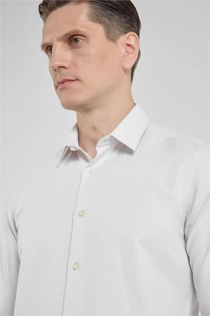 Koyu Bej Kendinden Desenli Sert Yaka Uzun Kol Cepsiz Slim Fit Pamuklu Gömlek 1004255283