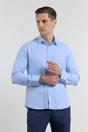 Mavi Sert Yaka Uzun Kol Cepsiz Slim Fit Pamuklu Gömlek 1004255284