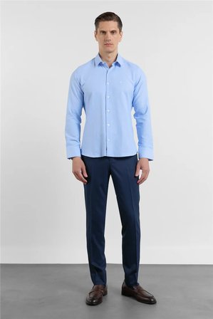 Mavi Sert Yaka Uzun Kol Cepsiz Slim Fit Pamuklu Gömlek 1004255284