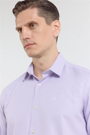 Lila Sert Yaka Uzun Kol Cepsiz Slim Fit Pamuklu Gömlek 1004255284