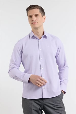 Lila Sert Yaka Uzun Kol Cepsiz Slim Fit Pamuklu Gömlek 1004255284