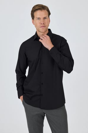 Siyah Sert Yaka Uzun Kol Cepsiz Comfort Fit Pamuklu Gömlek 1004255287