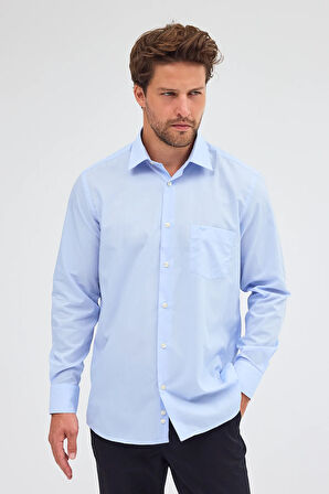 Açık Mavi Sert Yaka Uzun Kol Easy To Iron Comfort Fit Pamuklu Gömlek 1004255300