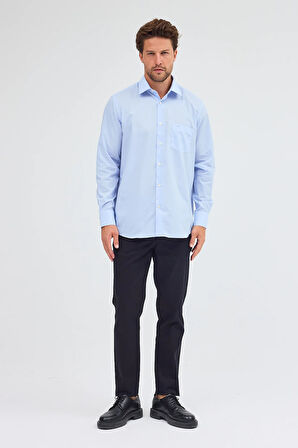 Açık Mavi Sert Yaka Uzun Kol Easy To Iron Comfort Fit Pamuklu Gömlek 1004255300