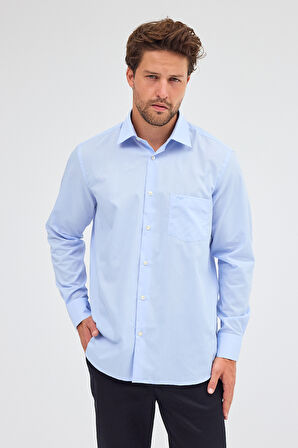 Açık Mavi Sert Yaka Uzun Kol Easy To Iron Comfort Fit Pamuklu Gömlek 1004255300