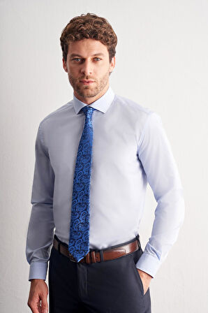 Açık Mavi Yarım İtalyan Yaka Uzun Kol Easy To Iron Slim Fit Pamuklu Gömlek 1004255301