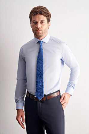 Açık Mavi Yarım İtalyan Yaka Uzun Kol Easy To Iron Slim Fit Pamuklu Gömlek 1004255301