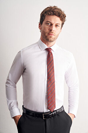 Beyaz Yarım İtalyan Yaka Uzun Kol Easy To Iron Slim Fit Pamuklu Gömlek 1004255301