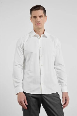 Krem Sert Yaka Uzun Kol Cepsiz Slim Fit Pamuklu Gömlek 1004255913