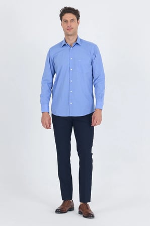 Açık Mavi Uzun Kol Sert Yaka Düz Pamuklu Comfort Fit Gömlek 1004260002