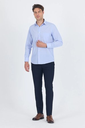 Mavi Uzun Kol Sert Yaka Düz Pamuklu Comfort Fit Gömlek 1004260002