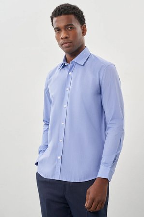 Açık Mavi Uzun Kol Sert Yaka Düz Pamuklu Slim Fit Gömlek 1004260008