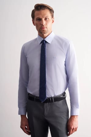 Mavi Uzun Kol Sert Yaka Düz Pamuklu Slim Fit Gömlek 1004260008